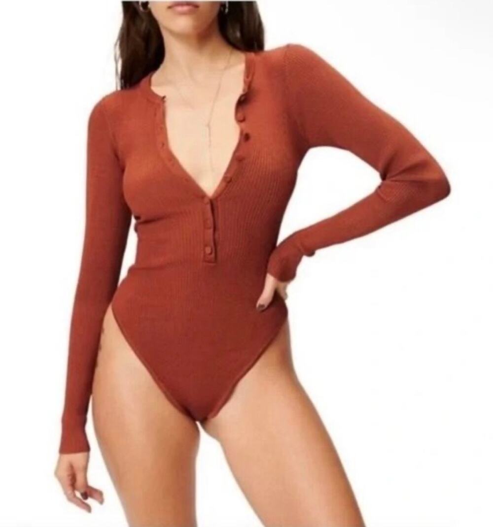 Good American Bodysuit Rust Brown Long Sleeve Ribbed Henley size Small